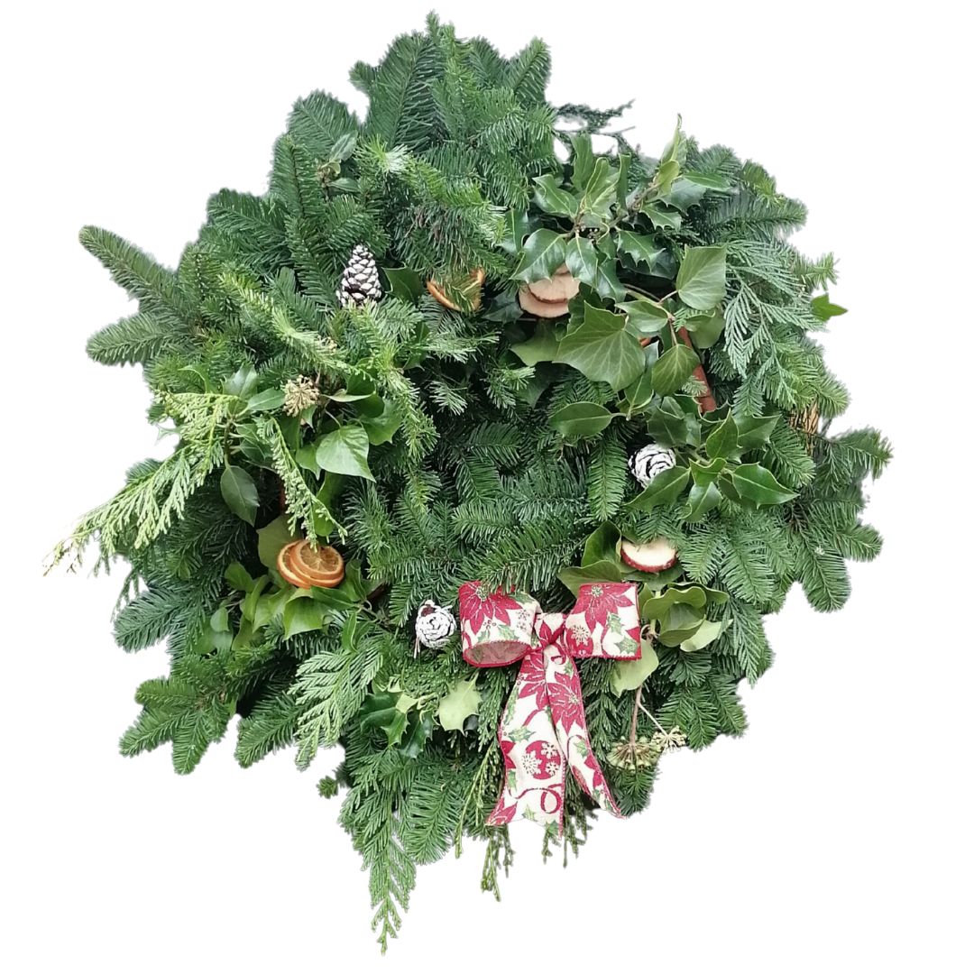 Christmas wreath with greenery, pinecones, and a decorative bow on a white background