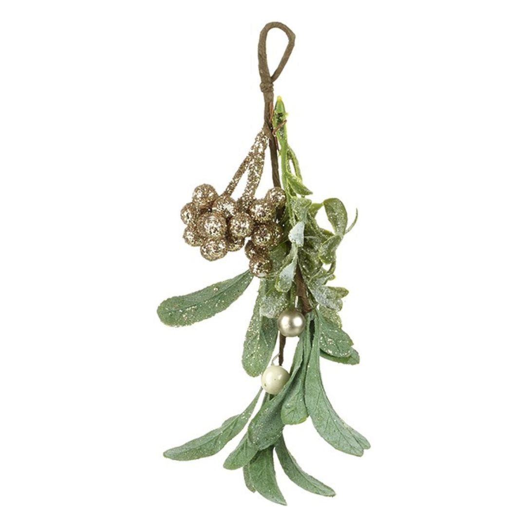 Decorative mistletoe with gold berries and pearls on a white background