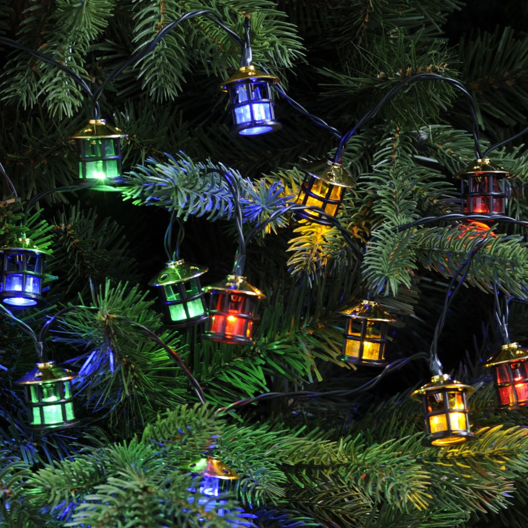 String lantern lights with multi-colored bulbs displayed on a Christmas tree.