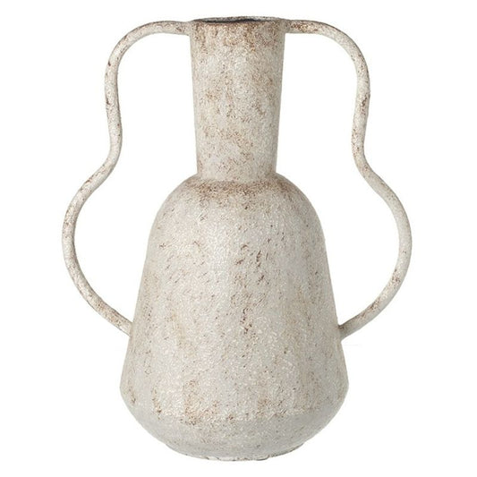 Natural large metal vase that has the weathered terracotta aesthetic. 
Has two wavy handled vase
