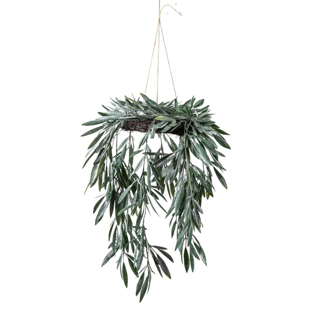 Hanging artificial eucalyptus leaf plant wreath hanger on a white background