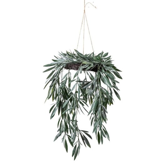 Hanging artificial eucalyptus leaf plant wreath hanger on a white background
