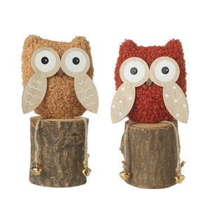Showing the two colours available of owl Christmas decoration, including the burnt orange and the terracotta