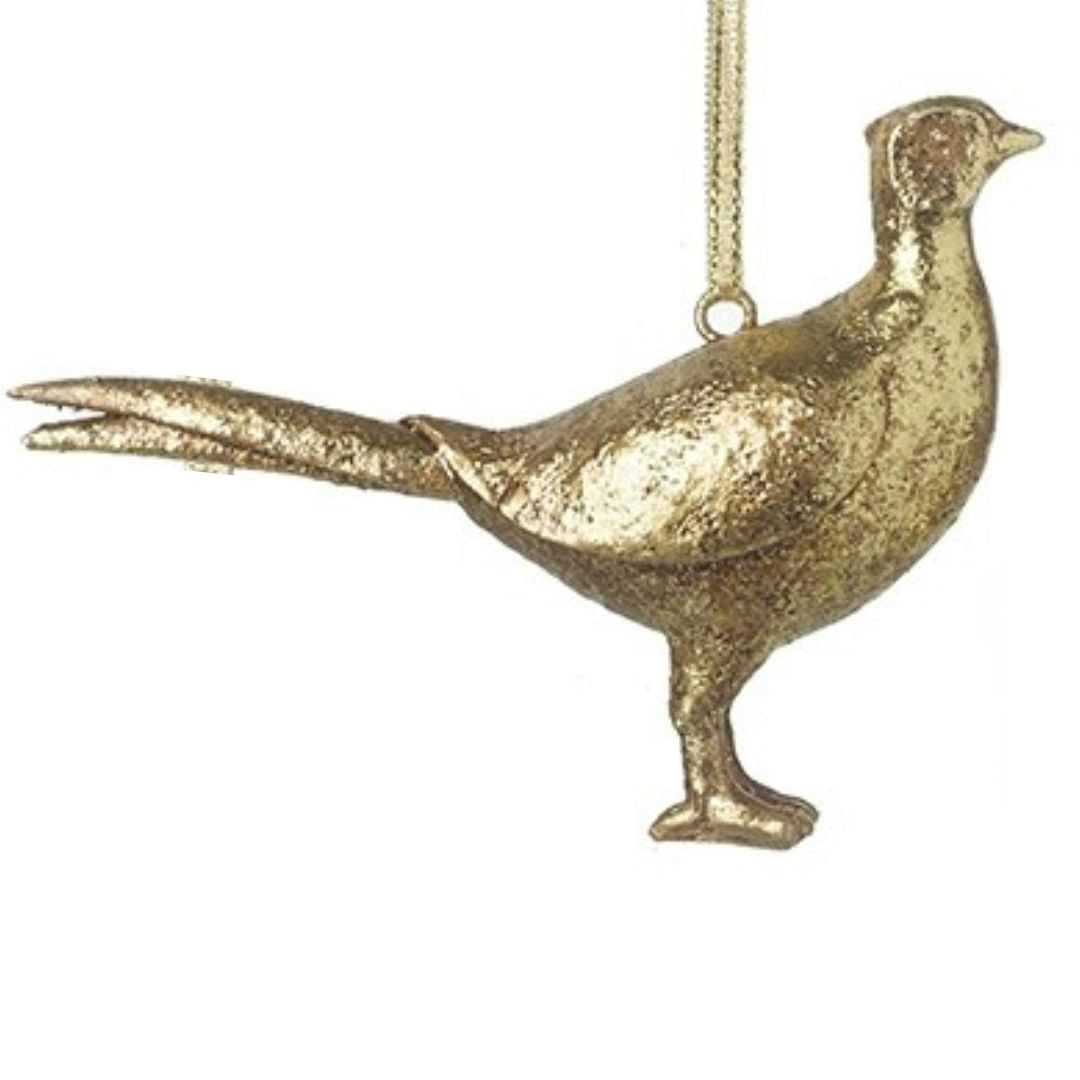 Gold pheasant hanging ornament on a white background