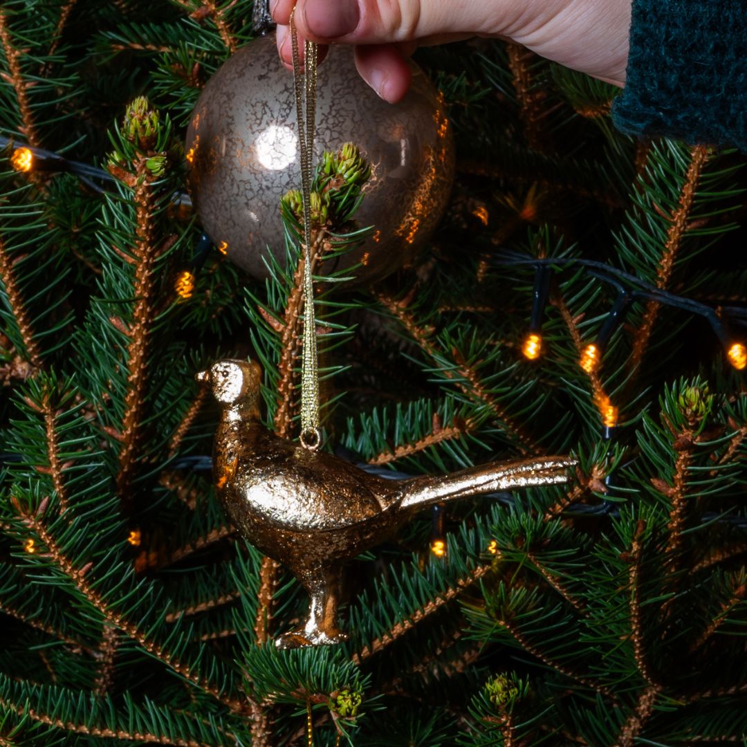 Gold pheasant ornament hanging on a Christmas tree with lights.