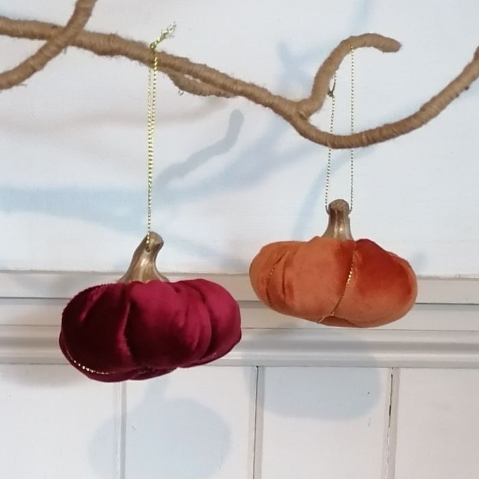 Two velvet pumpkins, one red and one orange, hanging from a branch against a white background.
