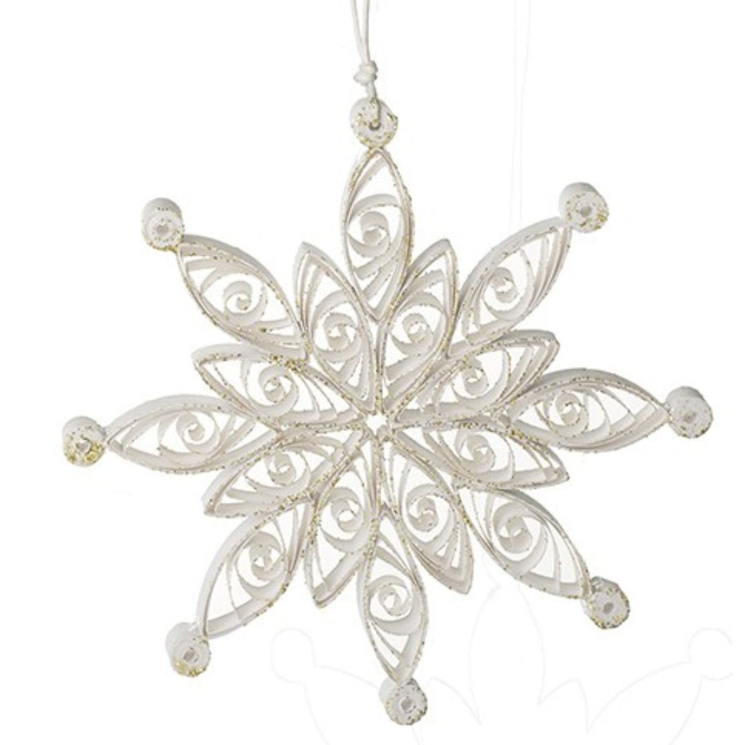Decorative snowflake ornament with intricate designs on a white background