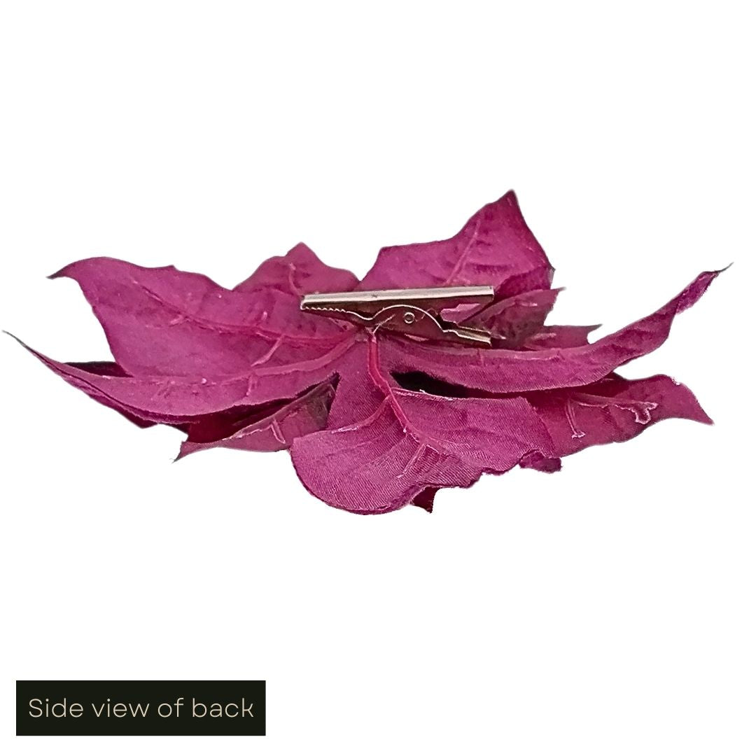 White cut out product image showing the side profile of the purple silk poinsettia clip on decoration