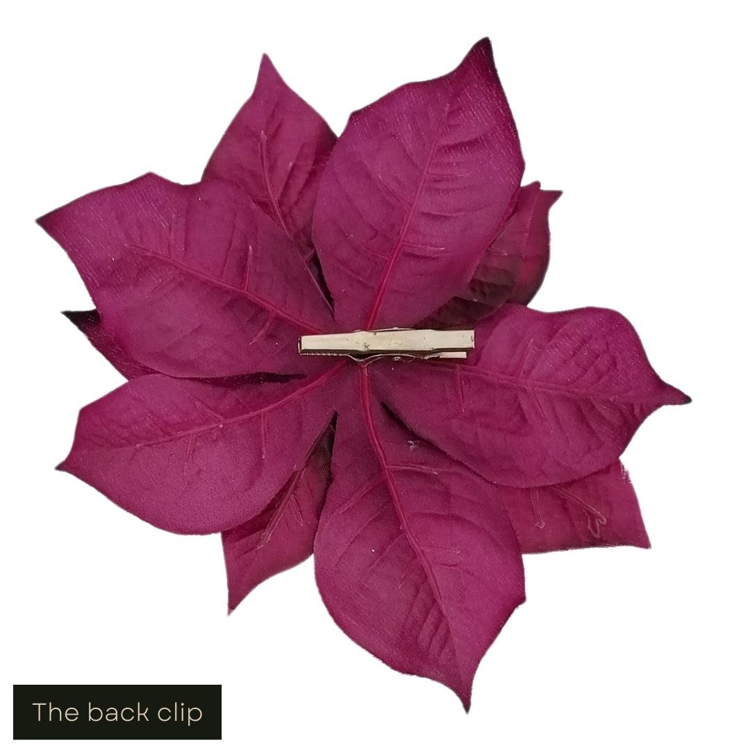 White cut out product image showing the back of the purple silk poinsettia clip on decoration