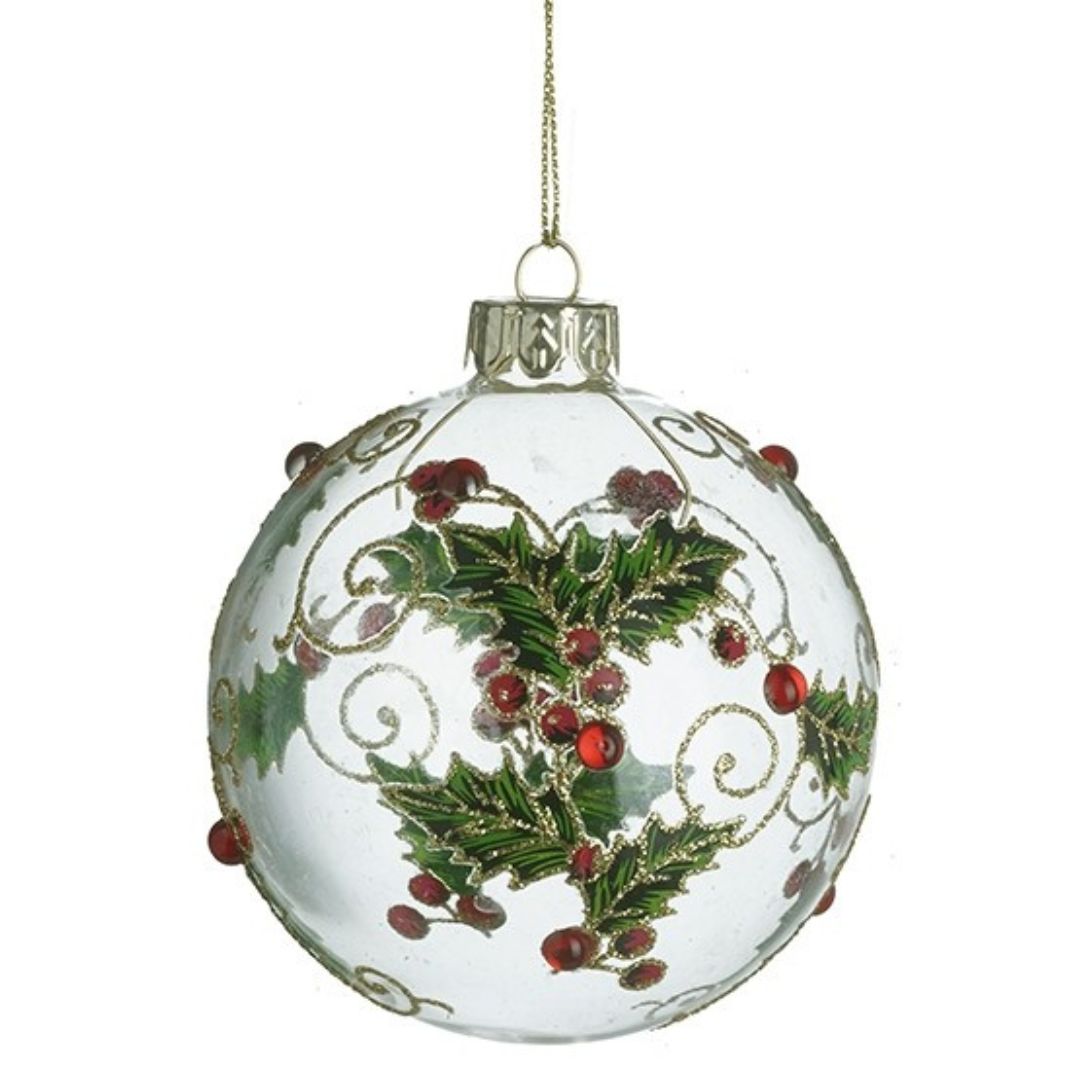 Decorative Christmas ball ornament with holly design on a white background
