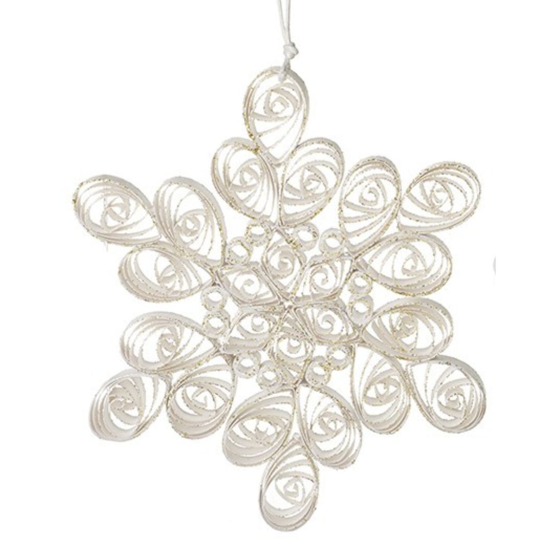 Decorative snowflake ornament made of interwoven white paper ribbons on a white background