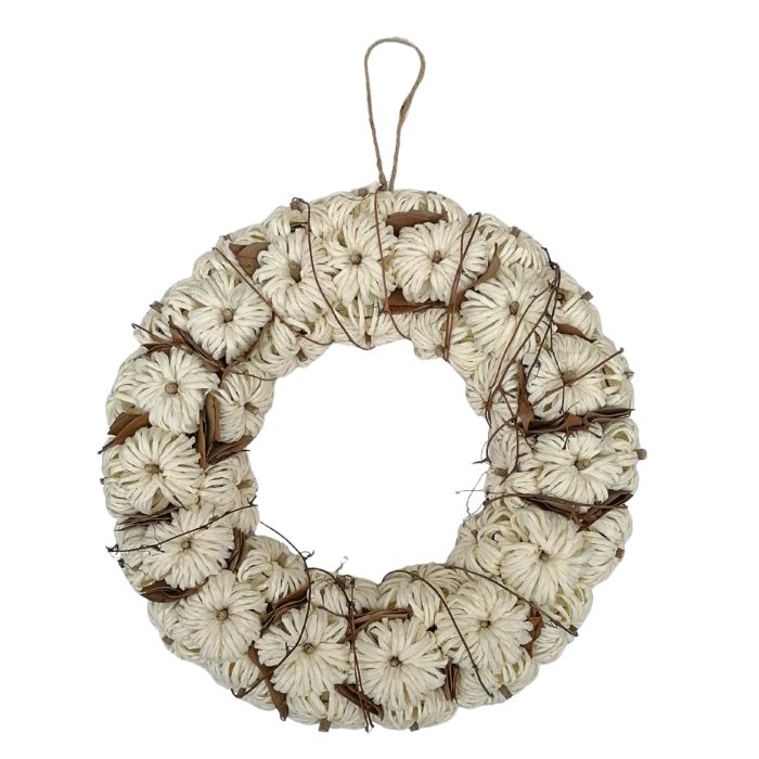 Decorative wreath with white flowers and brown accents on a white background