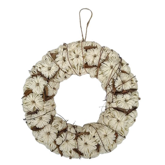 Decorative wreath with white flowers and brown accents on a white background