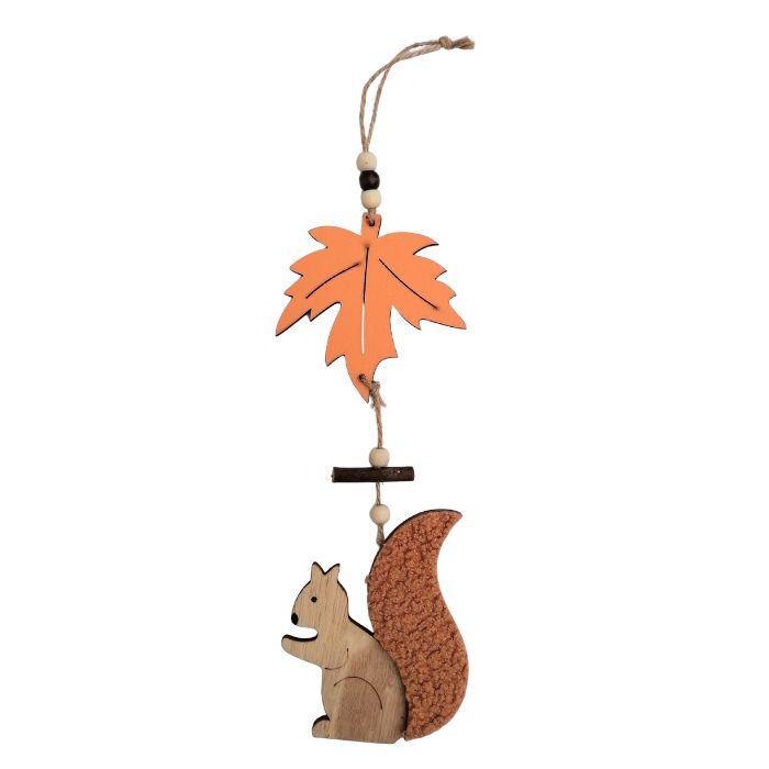 Decorative hanging ornament with a squirrel and leaf on a white background