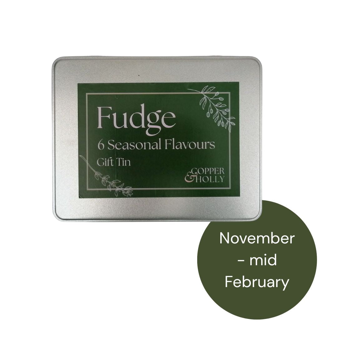 Fudge gift tin with 'Copper & Holly' branding on a white background