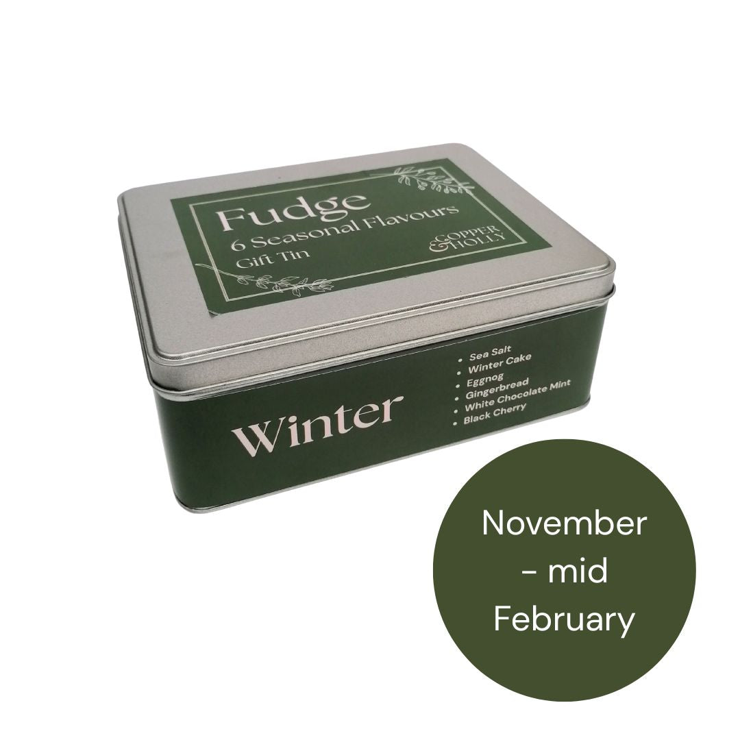 Fudge gift tin with 'Winter' flavor selection on a white background