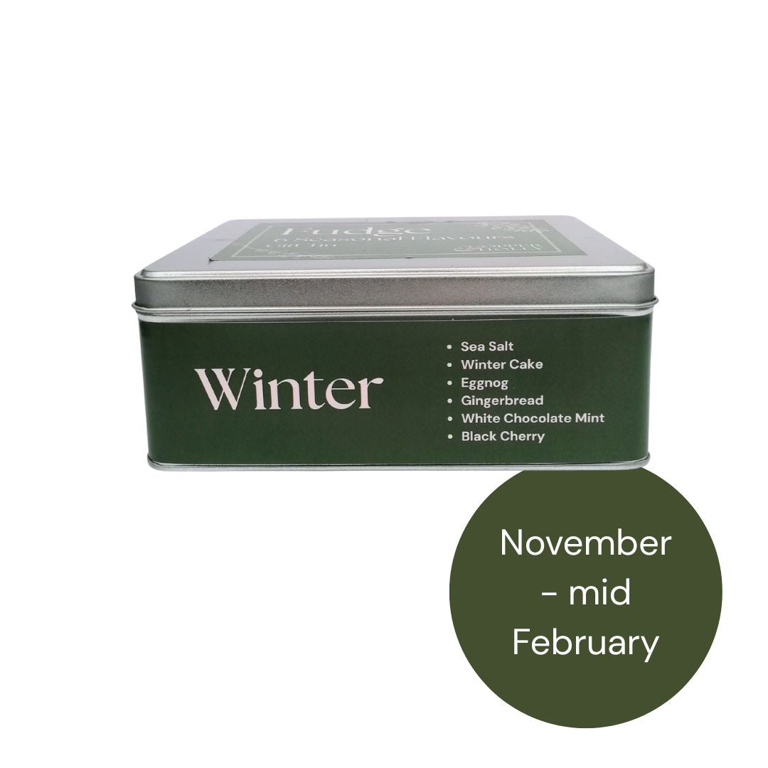 Fudge tin labeled 'Winter' with a green color swatch and text on a white background