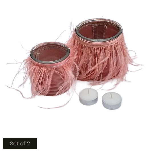 Set of 2 Blush Pink Fringed Velvet & Glass Tea Light Holders - Copper & Holly