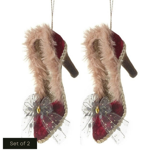 White cut out product image of 2 burgundy velvet shoe hanging decorations side by side