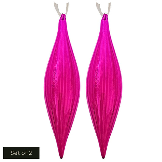 A white cut out product image showing 2 hot pink glass droplet style hanging decorations side by side
