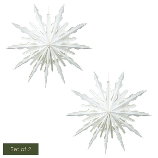 Two white snowflake-shaped decorations on a white background with 'Set of 2' label.