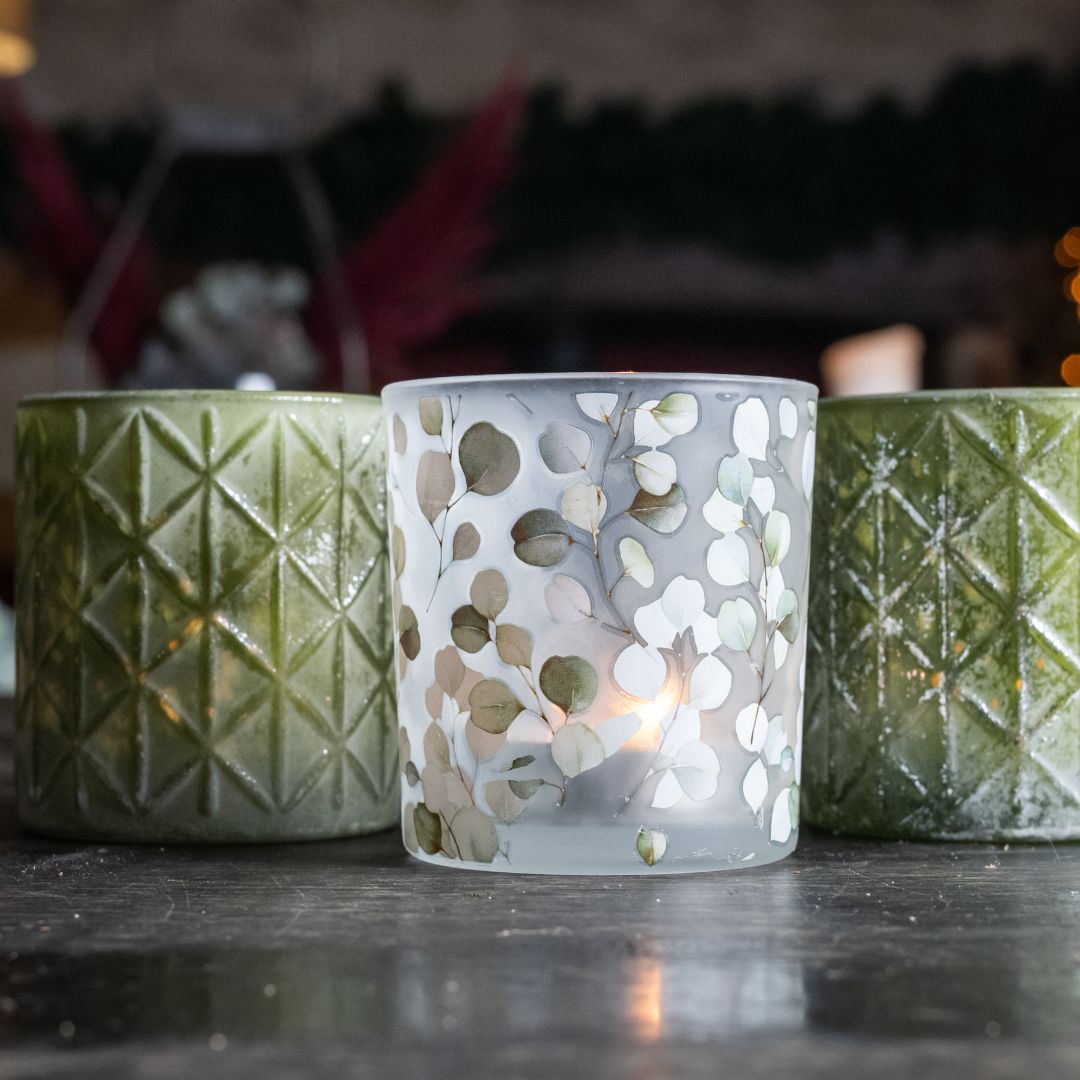 Set of 3 Greens and Eucalyptus Glass Tea Light Holders - Copper & Holly