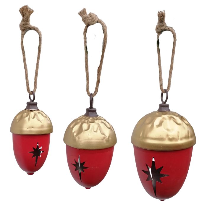 Three red and gold acorn-shaped ornaments with star designs on a white background