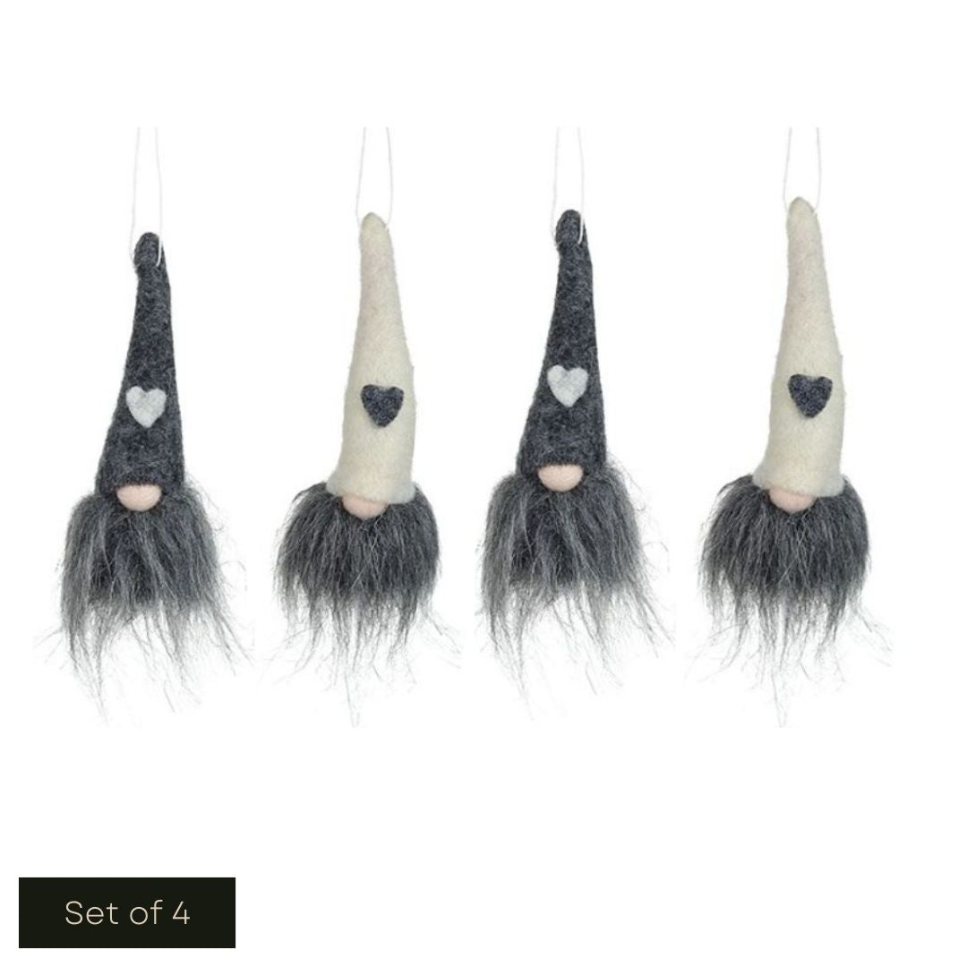 White cut out product image showing the 4 charcoal grey and white fabric gonks hanging in a line
