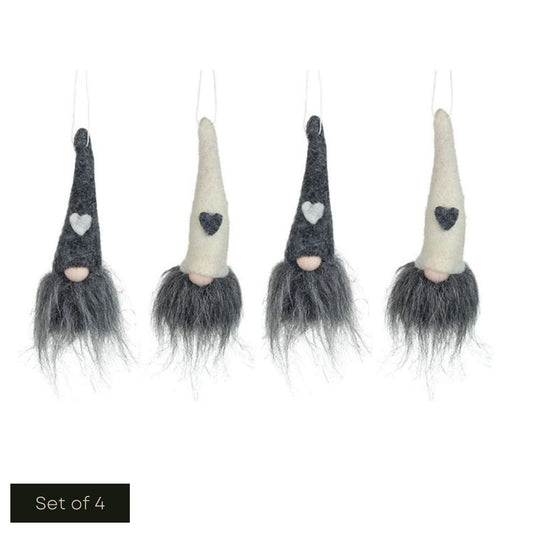 White cut out product image showing the 4 charcoal grey and white fabric gonks hanging in a line