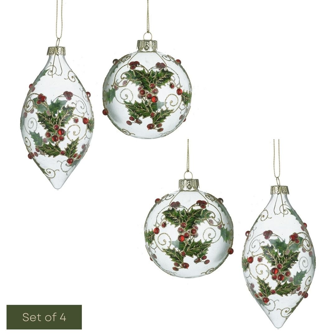 Set of four decorative Christmas ornaments with holly design on a white background.