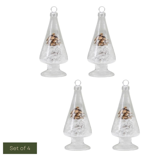 Set of four clear Christmas tree-shaped ornaments with pine cone design on a white background.