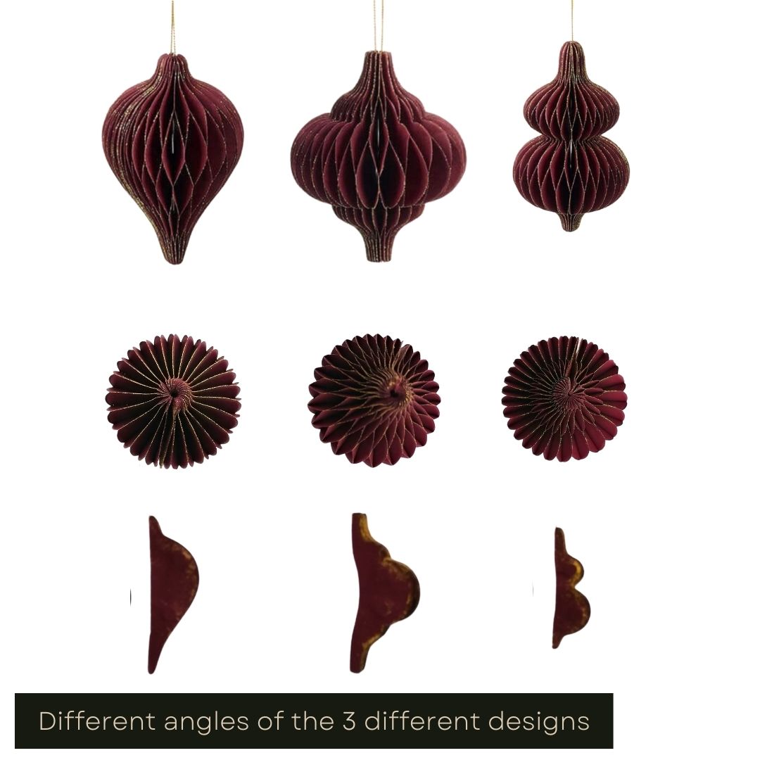 White cut out product image showing the burgundy honeycomb paper decorations from the side, from the bottom, and in a folded form