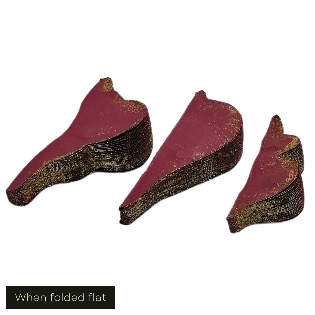 White cut out product image showing the 3 different shaped burgundy honeycomb paper decorations whilst folded flat