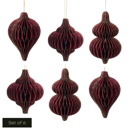 White cut out product image of the set of 6 burgundy honeycomb paper decorations