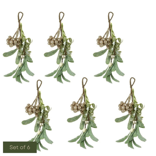 Set of six green mistletoe decorations with berries on a white background