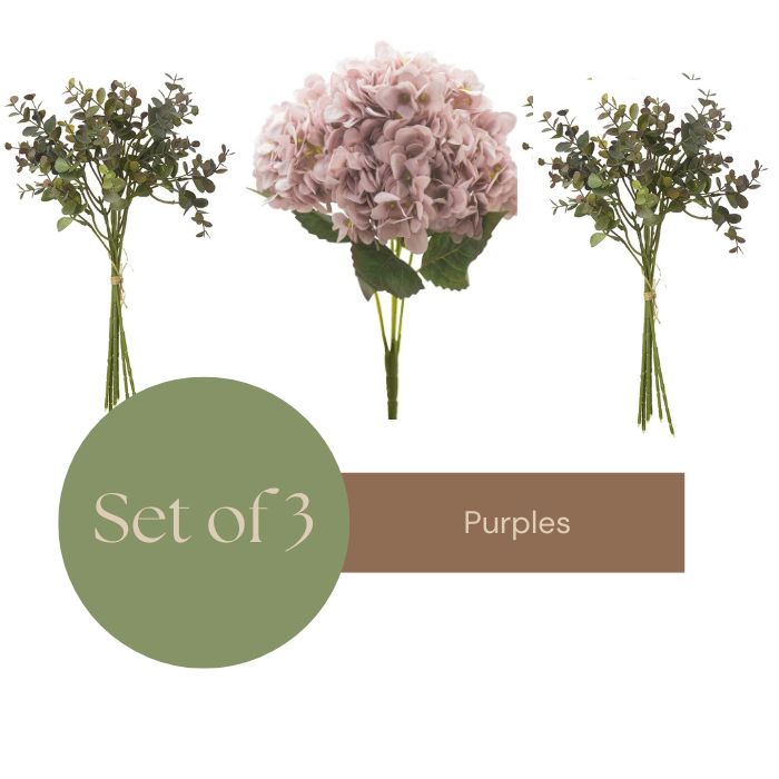 Three floral arrangements with greenery and a pink bouquet labeled 'Set of 3 Purples' on a white background.