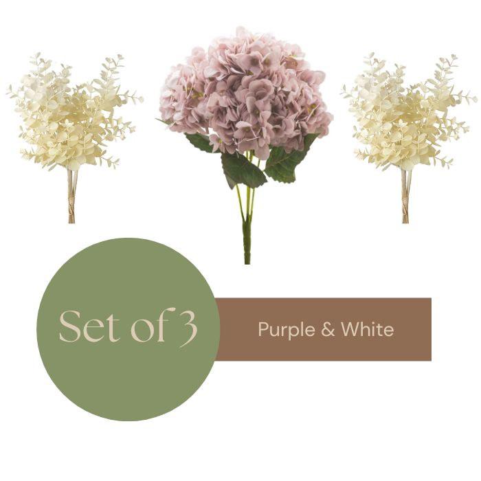 Set of three floral arrangements, two purple and one white, on a white background with text indicating 'Set of 3' and 'Purple & White'.