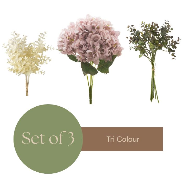 Set of three floral arrangements in different colors on a white background