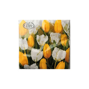 Tulips paper napkins is a full image of whtie and yellow tulips in aongst the tall green leaves.  Hand drawn, rather than photograph