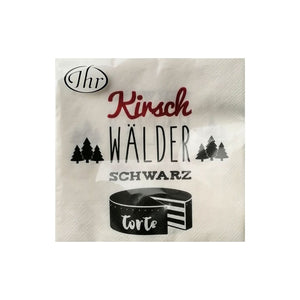 Kirsch Walder Schwarz paper napkins on a white background showing a large cheese and trees