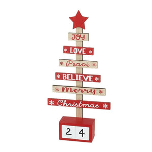 wooden Christmas tree advent calendar with Christmas words and 2 dice style countdown blocks