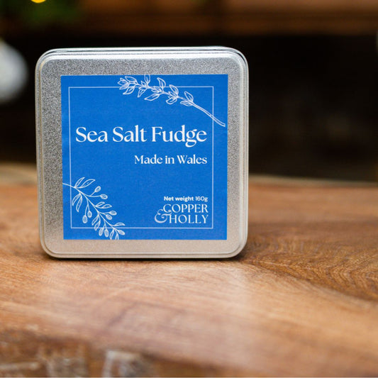 Handmade British fudge Sea Salt gift tin - creamy handmade fudge in reusable gift tin
