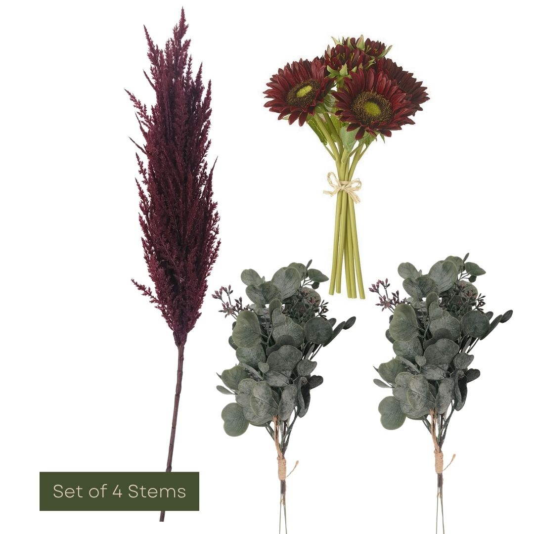 Set of 4 artificial plant stems including purple and green foliage on a white background.