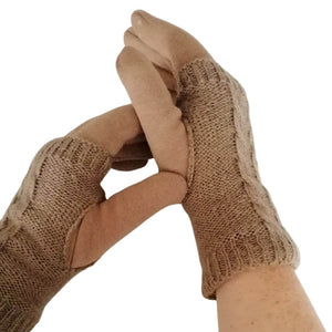 Showing the 3 in 1 multi style biscuit brown gloves being worn as a 2 piece on mode;'s hands