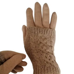 Showing a close up of the cable knit pattern of the 3 in 1 multi style biscuit brown gloves
