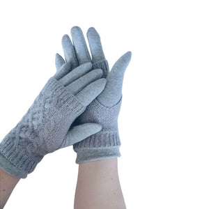 Showing the thumb hole from the 3 in 1 multi style silver grey gloves as worn on models hands