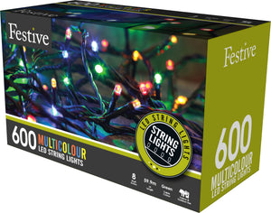 Set of 600 multi colour LED string Christmas lights in the box