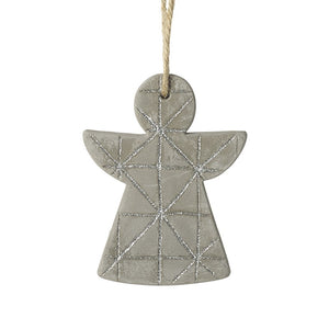 Angel Christmas tree decoration made from cement and with silver glitter criss cross lines over the body.  The pattern is on one side only.