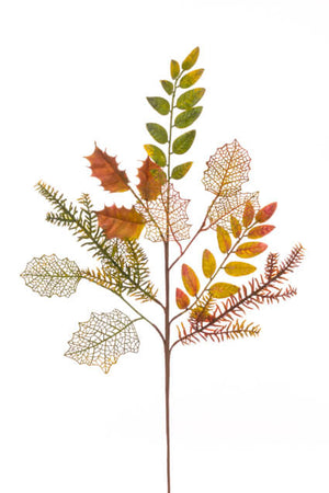 A spread out autumn leaves branch showing the style of leaves.  Including full leaves just turning colour right through to skeletal leaves, this UV coated plastic autumn leaves branch is great for using outside