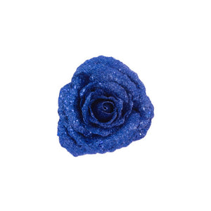 WHITE CUT OUT of the blue rose clip Christmas decoration that is covered in royal blue glitter